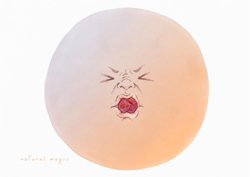 酸っぱい梅干しを食べて、顔がまんなかに寄った表情のイラスト