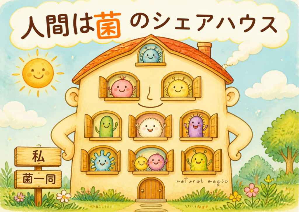人の体を、菌が窓から顔を出す家にたとえたイラスト