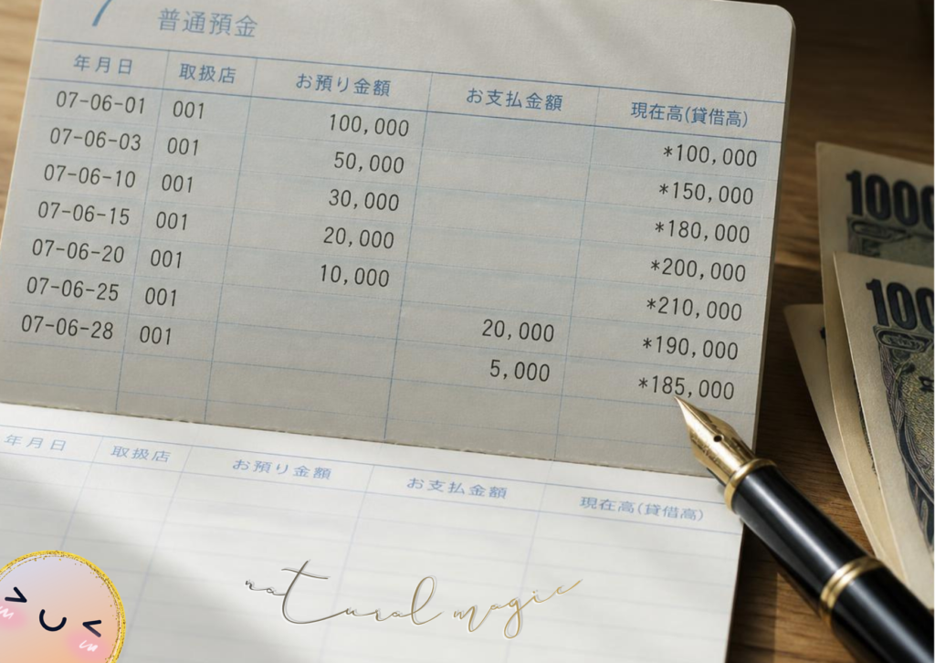 通帳と万年筆とお金