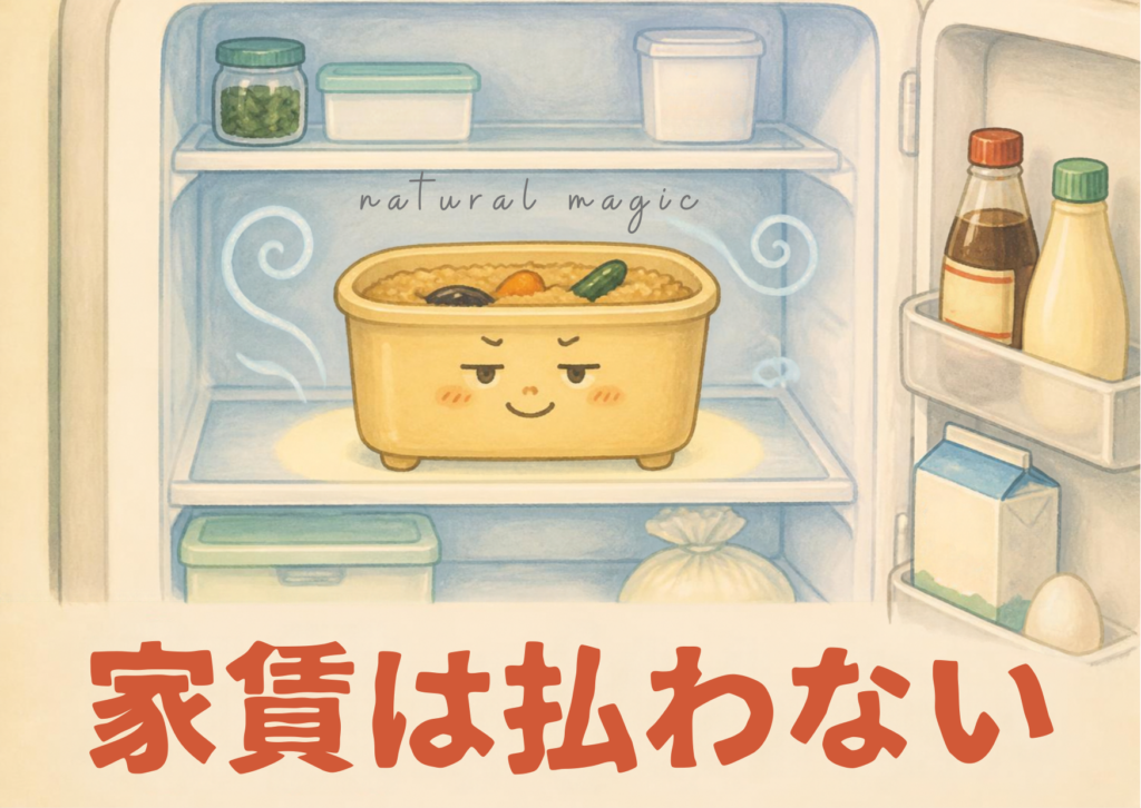 冷蔵庫の中に置かれた、顔のついたぬか床の容器のイラスト
